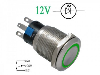 Przycisk chwilowy 19mm paski  LED zielony  12V