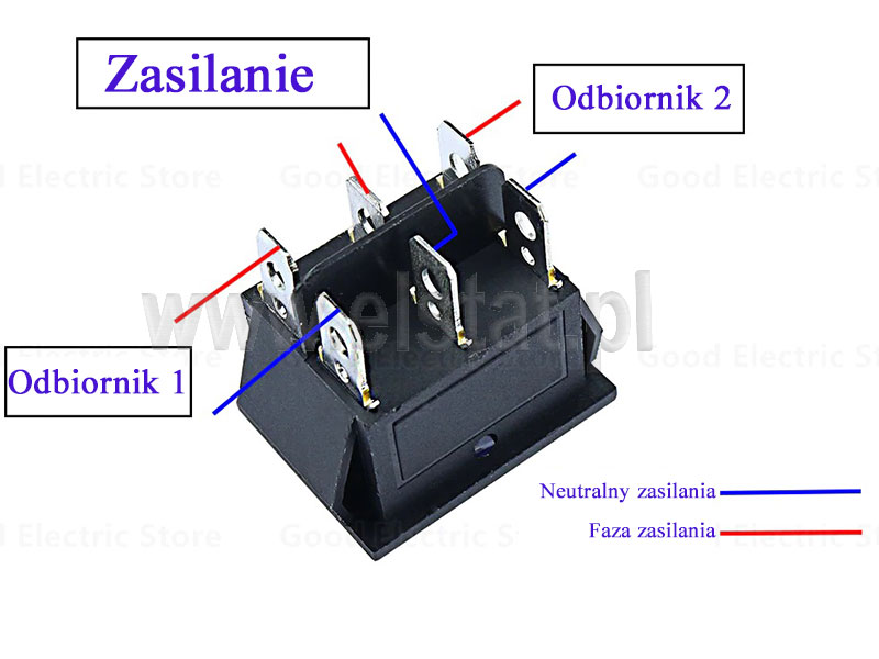 Schemat podłączenia odbiorników do przełącznika kołyskowego 6-pinowego