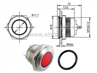 Kontrolka fi 16mm, czerwona LED, 230V obud. metal