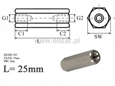 DI5M3X25 tulejka dystansowa nikiel; gwint w/w M3