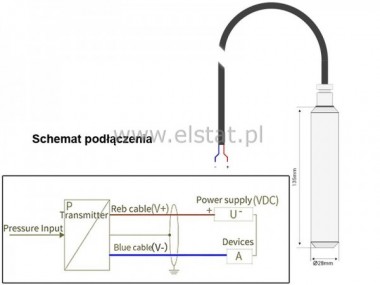 Hydrostatyczna sonda poziomu; 4-20mA; 2m; kabel 3m