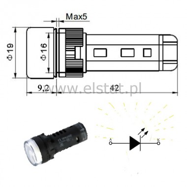 Kontrolka AD16-16C, 12V AC/DC biaa 16mm/47mm