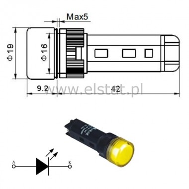 Kontrolka AD16-16E, 12V AC/DC żółta 16mm/51mm