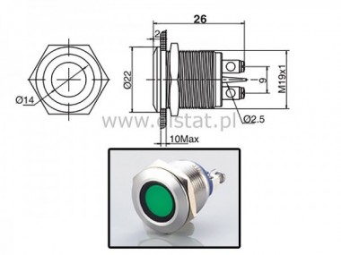 Kontrolka LED 12V  metalowa zielona fi=19mm