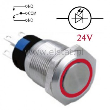 Przycisk chwilowy 19mm paski LED czerwony 24V