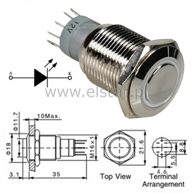 Przycisk chwilowy 16mm  paski LED biay metal 12V