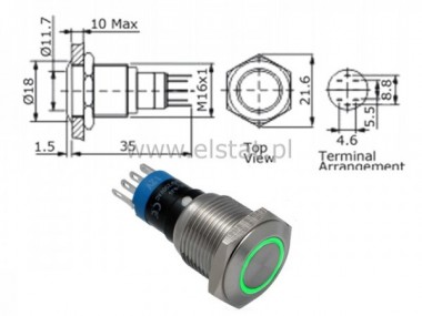 Przycisk stabilny 16mm paski  LED ziel.12V 