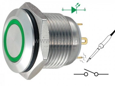 Przycisk chwilowy NO  nikiel 16 mm  zielony LED12V