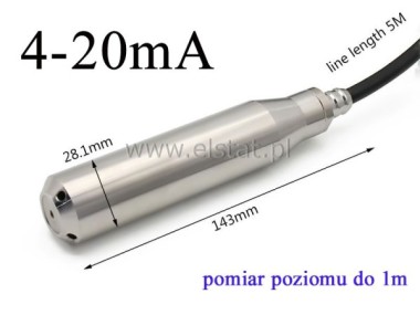 Sonda poziomu cieczy 4-20mA; 1m; kabel 5m