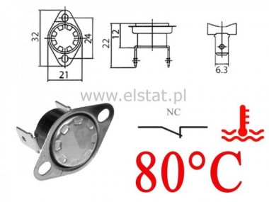 Termostat bimetaliczny 250VAC 10A 80C pionowy NC