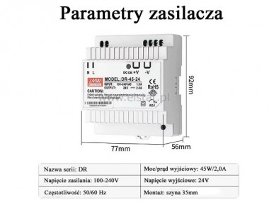 Zasilacz impuslowy, szyna DIN  ( 24V, 2A, 45W )  
