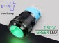 Przycisk chwilowy 16mm; zielony LED 230V; ON-OFF